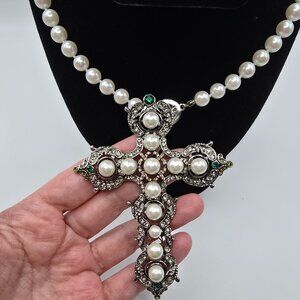 Rara Avis by Iris Apfel Pearl and Crystal Cross Statement Necklace - EUC